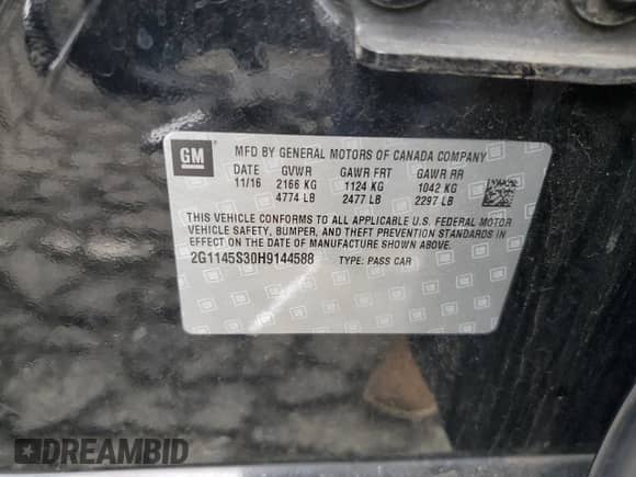 2017 Chevrolet Impala Premier with VIN 2G1145S30H9144588, listed as a Copart auction lot 86850435 with 143,098 mi miles and Salvage title. Bid and sale history available at DreamBid. Image 13.