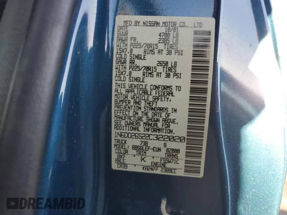 2002 Nissan Frontier XE with VIN 1N6DD26S22C322020, listed as a Copart auction lot 86885285 with 94,964 mi miles and Clean title. Bid and sale history available at DreamBid. Image 12.