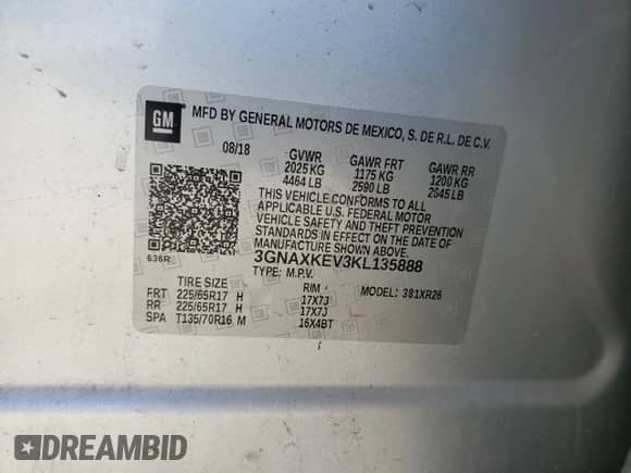 2019 Chevrolet Equinox LT с VIN 3GNAXKEV3KL135888, выставлен на аукционе Copart как лот 80760825 с пробегом 152 310 миль миль и Списание • Salvage title. История ставок и продаж доступна на DreamBid. Изображение 12.