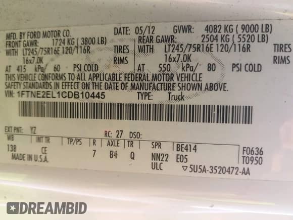 2012 Ford Econoline Cargo Recreational with VIN 1FTNE2EL1CDB10445, listed as a IAAI auction lot 42181508 with 122,155 mi miles and . Bid and sale history available at DreamBid. Image 9.