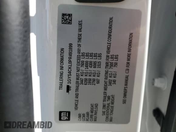 2023 Cadillac Escalade 4WD Premium Luxury with VIN 1GYS4CKL0PR491899, listed as a Copart auction lot 67749725 with 33,804 mi miles and Salvage title. Bid and sale history available at DreamBid. Image 14.