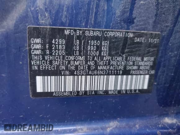 2022 Subaru Impreza Limited z VIN 4S3GTAU66N3711119, wystawiony jako Copart lot #80557454 z przebiegiem 52 186 mil mil oraz Szkoda całkowita • Salvage title. Historia ofert i sprzedaży dostępna na DreamBid. Obrazek 12.