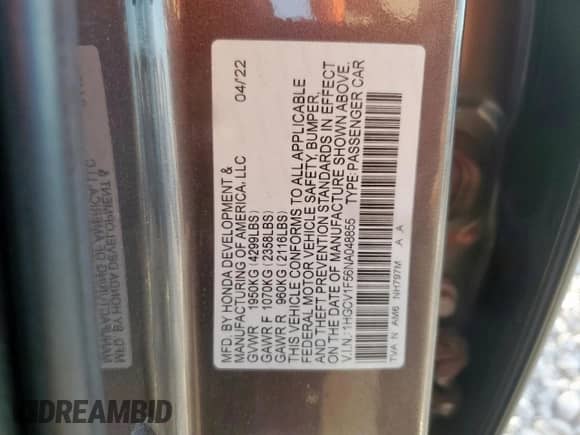 2022 Honda Accord EX-L z VIN 1HGCV1F56NA048855, wystawiony jako Copart lot #66492675 z przebiegiem 49 466 mil mil oraz Szkoda całkowita • Salvage title. Historia ofert i sprzedaży dostępna na DreamBid. Obrazek 12.