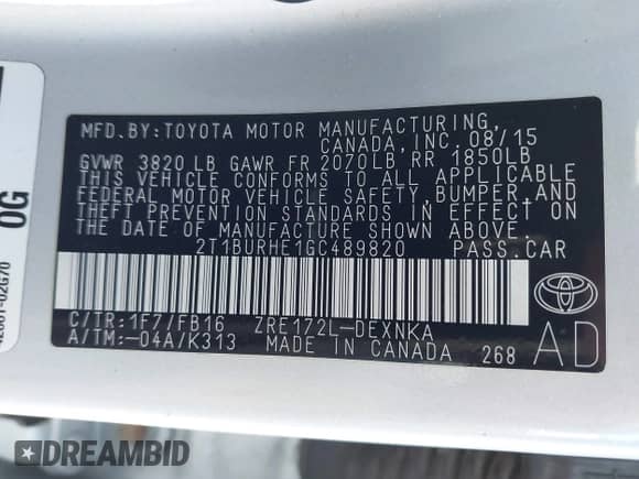 2016 Toyota Corolla L with VIN 2T1BURHE1GC489820, listed as a IAAI auction lot 42889439 with 153,299 mi miles and . Bid and sale history available at DreamBid. Image 9.