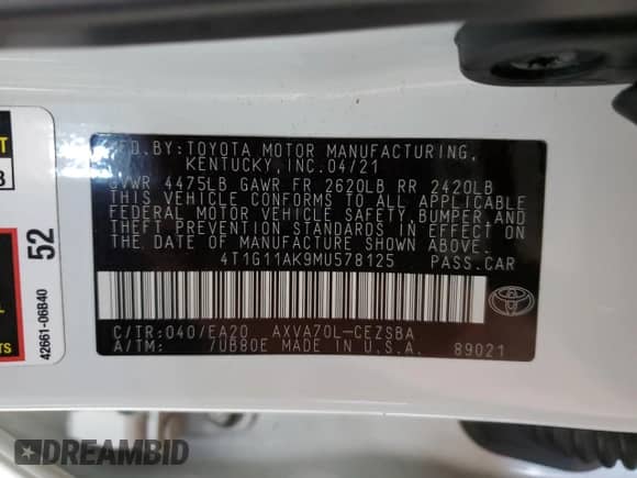 2021 Toyota Camry SE Nightshade z VIN 4T1G11AK9MU578125, wystawiony jako Copart lot #80356625 z przebiegiem 76 123 mil mil oraz Szkoda całkowita • Salvage title. Historia ofert i sprzedaży dostępna na DreamBid. Obrazek 13.
