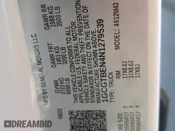 2022 Chevrolet Colorado 4WD Work Truck with VIN 1GCGTBEN4N1279539, listed as a Copart auction lot 69295225 with 47,161 mi miles and Salvage title. Bid and sale history available at DreamBid. Image 12.