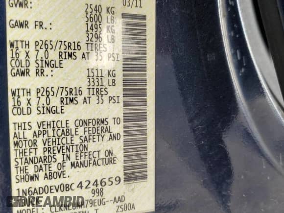 2011 Nissan Frontier Pro-4X with VIN 1N6AD0EV0BC424659, listed as a Copart auction lot 84835725 with 100,803 mi miles and Clean title. Bid and sale history available at DreamBid. Image 12.
