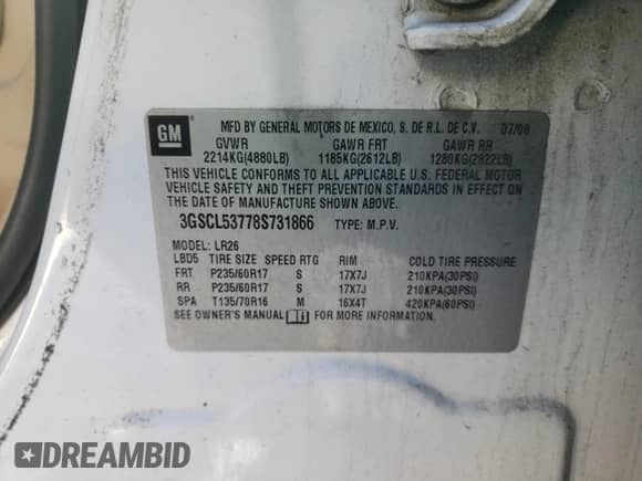 2008 Saturn VUE XR с VIN 3GSCL53778S731866, выставлен на аукционе Copart как лот 46152575 с пробегом 108 319 миль миль и Списание • Salvage title. История ставок и продаж доступна на DreamBid. Изображение 13.