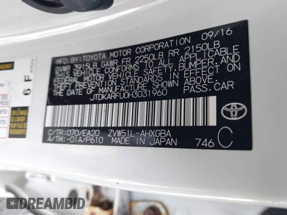 2017 Toyota Prius Two with VIN JTDKARFU0H3031960, listed as a IAAI auction lot 41469497 with 88,946 mi miles and . Bid and sale history available at DreamBid. Image 9.