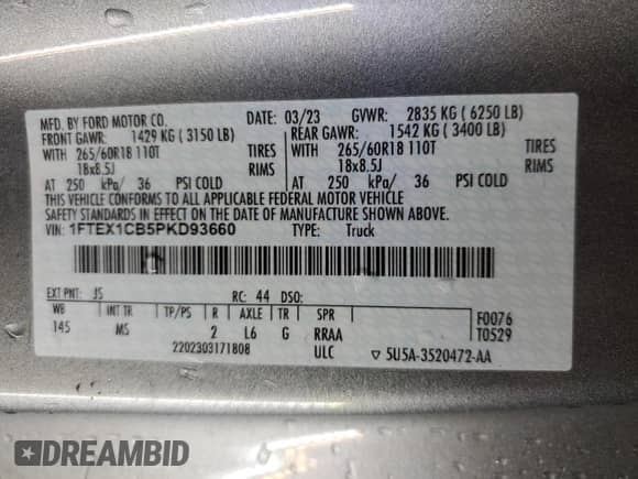 2023 Ford F-150 XLT с VIN 1FTEX1CB5PKD93660, выставлен на аукционе Copart как лот 80842295 с пробегом 51 144 миль миль и Чистый • Clean title. История ставок и продаж доступна на DreamBid. Изображение 12.