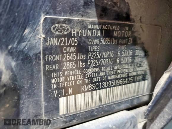 2005 Hyundai Santa Fe GLS с VIN KM8SC13D95U966475, выставлен на аукционе Copart как лот 69458125 с пробегом 243 817 миль миль и Списание • Salvage title. История ставок и продаж доступна на DreamBid. Изображение 13.