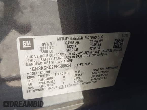 2015 Chevrolet Tahoe LTZ with VIN 1GNSKCKC2FR588524, listed as a IAAI auction lot 42851274 with 101,426 mi miles and . Bid and sale history available at DreamBid. Image 9.