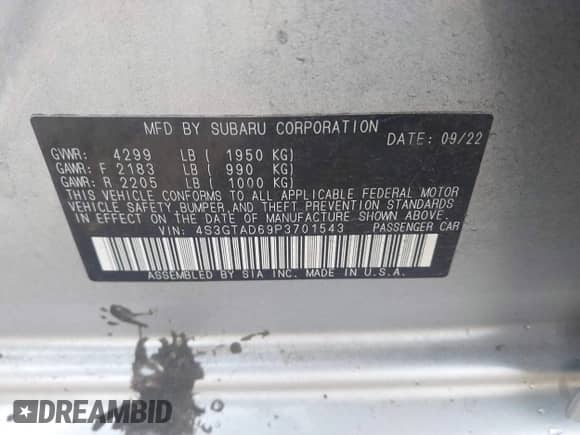 2023 Subaru Impreza Premium с VIN 4S3GTAD69P3701543, выставлен на аукционе IAAI как лот 43045017 с пробегом 55 653 миль миль и . История ставок и продаж доступна на DreamBid. Изображение 9.