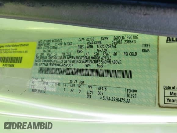 2010 Ford Econoline Cargo Commercial z VIN 1FTNS1EW8ADA52067, wystawiony jako IAAI lot #39759717 z przebiegiem 90 506 mil mil oraz . Historia ofert i sprzedaży dostępna na DreamBid. Obrazek 9.