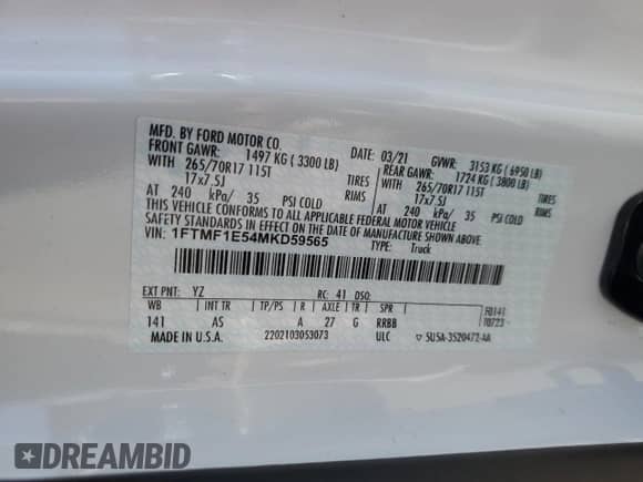 2021 Ford F-150 XL with VIN 1FTMF1E54MKD59565, listed as a Copart auction lot 54433755 with 15,596 mi miles and Salvage title. Bid and sale history available at DreamBid. Image 12.