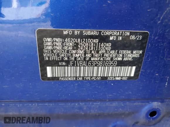 2023 Subaru WRX Limited with VIN JF1VBAL63P9816959, listed as a Copart auction lot 61171485 with 24,610 mi miles and Salvage title. Bid and sale history available at DreamBid. Image 13.