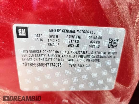 2017 Chevrolet Cruze LT with VIN 1G1BE5SM6H7174075, listed as a Copart auction lot 62943095 with 174,512 mi miles and Salvage title. Bid and sale history available at DreamBid. Image 12.