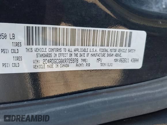 2019 Dodge Grand Caravan SXT with VIN 2C4RDGCG6KR725978, listed as a IAAI auction lot 43458165 with 182,803 mi miles and . Bid and sale history available at DreamBid. Image 9.