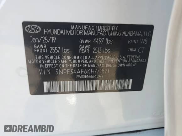 2019 Hyundai Sonata SEL with VIN 5NPE34AF6KH771821, listed as a Copart auction lot 81469815 with 106,621 mi miles and Non repairable. Bid and sale history available at DreamBid. Image 12.