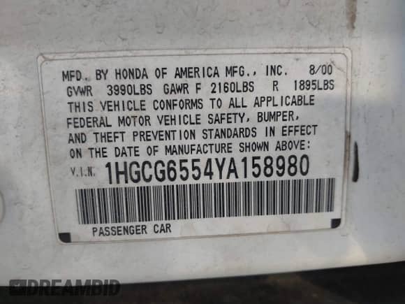 2000 Honda Accord LX with VIN 1HGCG6554YA158980, listed as a IAAI auction lot 43421281 with 358,049 mi miles and . Bid and sale history available at DreamBid. Image 9.