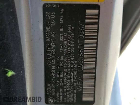 2006 BMW 7 Series 750i with VIN WBAHL83566DT03671, listed as a Copart auction lot 64324505 with 154,418 mi miles and Clean title. Bid and sale history available at DreamBid. Image 12.