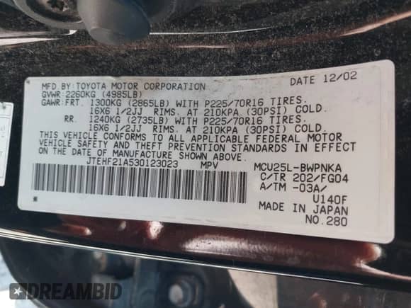 2003 Toyota Highlander с VIN JTEHF21A530123023, выставлен на аукционе IAAI как лот 43145917 с пробегом 221 756 миль миль и . История ставок и продаж доступна на DreamBid. Изображение 9.