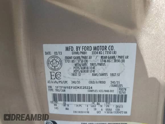 2013 Ford F-150 XLT with VIN 1FTFW1EF0DKE25224, listed as a IAAI auction lot 43214853 with 121,324 mi miles and . Bid and sale history available at DreamBid. Image 9.