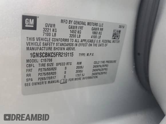 2015 Chevrolet Tahoe LT с VIN 1GNSCBKC5FR219115, выставлен на аукционе Copart как лот 68712965 с пробегом 184 613 миль миль и Списание • Salvage title. История ставок и продаж доступна на DreamBid. Изображение 13.