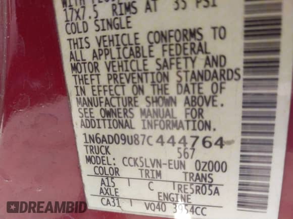 2007 Nissan Frontier SE with VIN 1N6AD09U87C444764, listed as a IAAI auction lot 40619874 with 196,741 mi miles and . Bid and sale history available at DreamBid. Image 9.