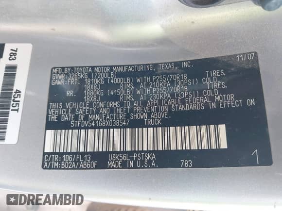 2008 Toyota Tundra с VIN 5TFDV54168X038547, выставлен на аукционе IAAI как лот 43535798 с пробегом 243 694 миль миль и . История ставок и продаж доступна на DreamBid. Изображение 9.