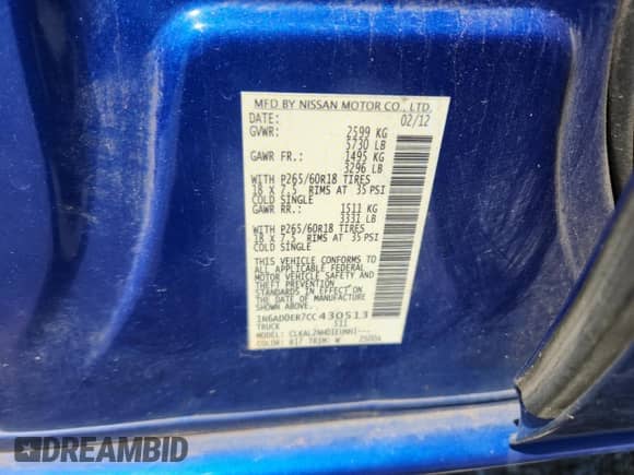 2012 Nissan Frontier SV with VIN 1N6AD0ER7CC430513, listed as a Copart auction lot 71882955 with 172,862 mi miles and Salvage title. Bid and sale history available at DreamBid. Image 12.