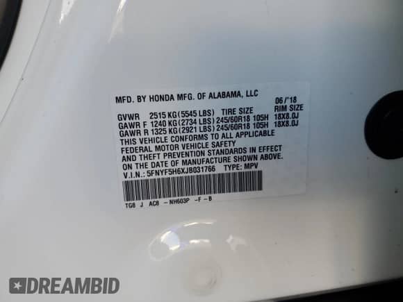 2018 Honda Pilot EX-L with VIN 5FNYF5H6XJB031766, listed as a Copart auction lot 64246195 with 82,173 mi miles and Salvage title. Bid and sale history available at DreamBid. Image 13.