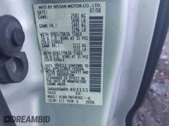 2009 Nissan Frontier SE with VIN 1N6AD06W89C403155, listed as a IAAI auction lot 43487548 with 151,481 mi miles and . Bid and sale history available at DreamBid. Image 9.