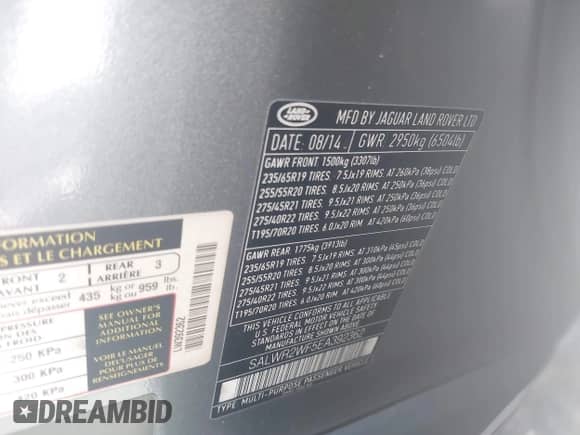 2014 Land Rover Range Rover Sport HSE with VIN SALWR2WF5EA392362, listed as a IAAI auction lot 43121772 with 142,052 mi miles and . Bid and sale history available at DreamBid. Image 9.