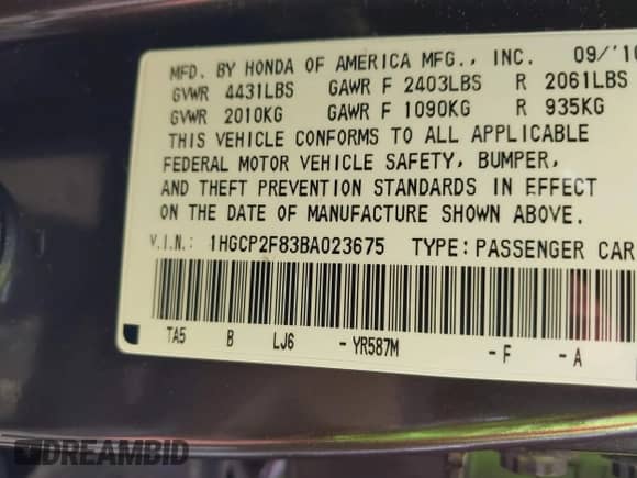 2011 Honda Accord EX-L with VIN 1HGCP2F83BA023675, listed as a IAAI auction lot 43474134 with 142,872 mi miles and . Bid and sale history available at DreamBid. Image 9.