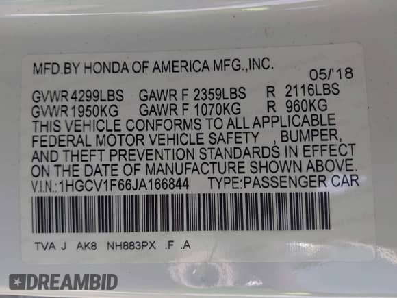 2018 Honda Accord EX-L with VIN 1HGCV1F66JA166844, listed as a IAAI auction lot 42443939 with 26,257 mi miles and . Bid and sale history available at DreamBid. Image 9.