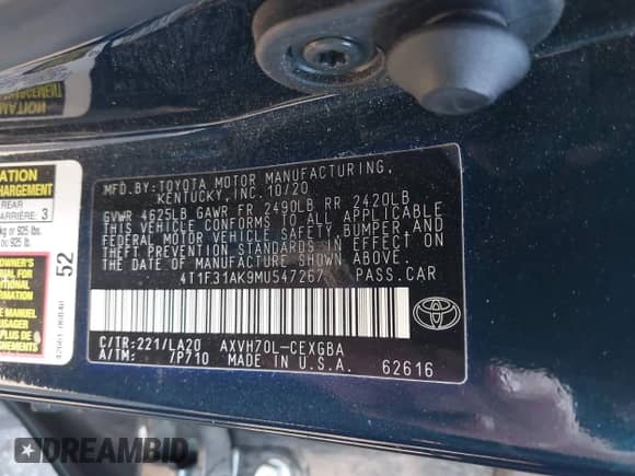 2021 Toyota Camry Hybrid XLE with VIN 4T1F31AK9MU547267, listed as a IAAI auction lot 42732726 with 106,937 mi miles and . Bid and sale history available at DreamBid. Image 9.