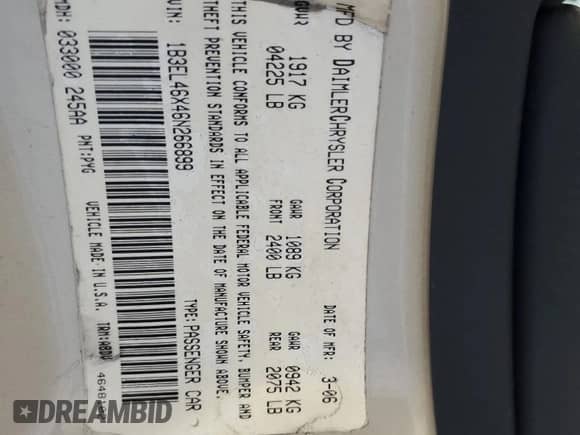 2006 Dodge Stratus SXT с VIN 1B3EL46X46N266899, выставлен на аукционе Copart как лот 87076715 с пробегом 87 003 миль миль и Списание • Salvage title. История ставок и продаж доступна на DreamBid. Изображение 12.