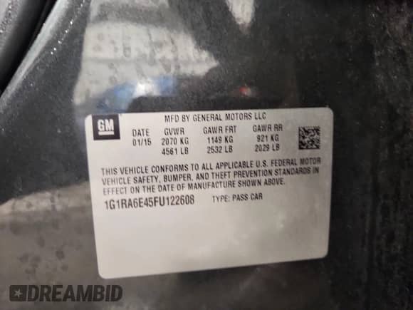 2015 Chevrolet Volt with VIN 1G1RA6E45FU122608, listed as a Copart auction lot 86317495 with 87,346 mi miles and Non repairable. Bid and sale history available at DreamBid. Image 12.