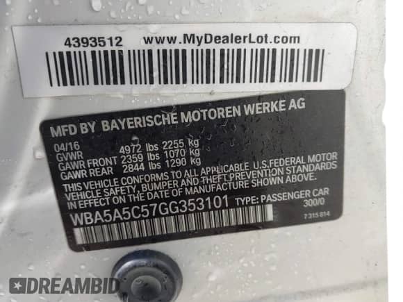 2016 BMW 5 Series 528i z VIN WBA5A5C57GG353101, wystawiony jako IAAI lot #43524291 z przebiegiem Nie podano mil oraz . Historia ofert i sprzedaży dostępna na DreamBid. Obrazek 9.