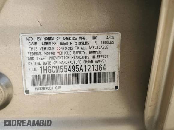 2005 Honda Accord LX with VIN 1HGCM55495A121364, listed as a Copart auction lot 69799365 with 109,043 mi miles and Salvage title. Bid and sale history available at DreamBid. Image 12.