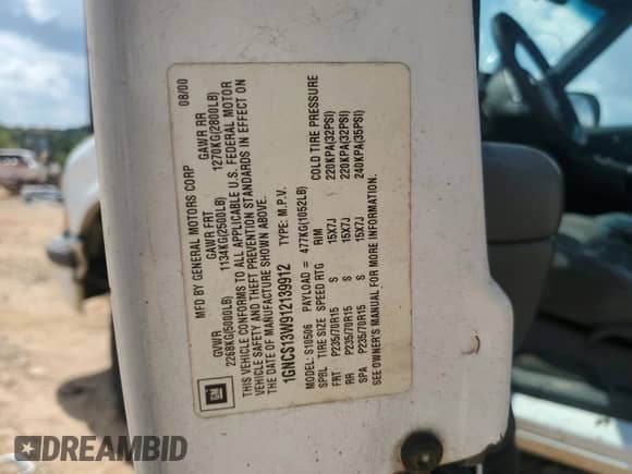 2001 Chevrolet Blazer LT with VIN 1GNCS13W912139912, listed as a Copart auction lot 65794445 with 355,378 mi miles and Salvage title. Bid and sale history available at DreamBid. Image 13.