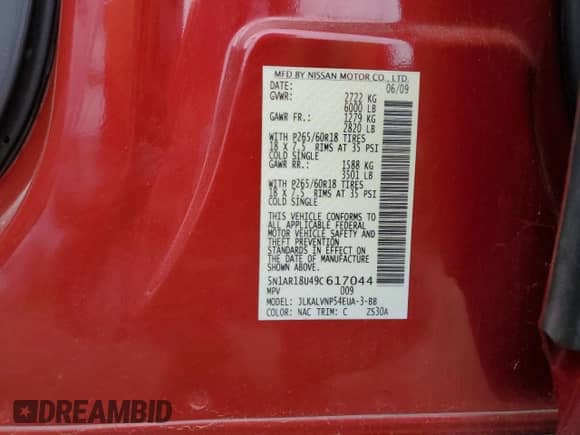 2009 Nissan Pathfinder SE с VIN 5N1AR18U49C617044, выставлен на аукционе Copart как лот 50466445 с пробегом 190 917 миль миль и Чистый • Clean title. История ставок и продаж доступна на DreamBid. Изображение 13.