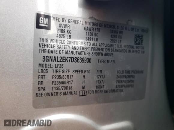 2013 Chevrolet Captiva Sport LS with VIN 3GNAL2EK7DS639936, listed as a Copart auction lot 68766224 with 70,101 mi miles and Salvage title. Bid and sale history available at DreamBid. Image 12.