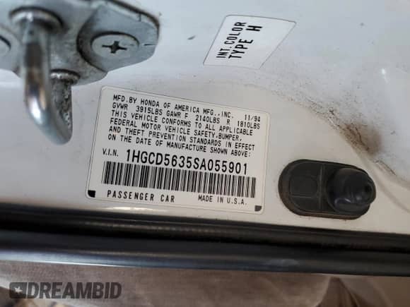 1995 Honda Accord LX z VIN 1HGCD5635SA055901, wystawiony jako Copart lot #58988965 z przebiegiem 253 309 mil mil oraz Szkoda całkowita • Salvage title. Historia ofert i sprzedaży dostępna na DreamBid. Obrazek 12.