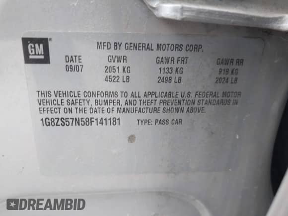 2008 Saturn Aura XE с VIN 1G8ZS57N58F141181, выставлен на аукционе IAAI как лот 43465454 с пробегом 167 842 миль миль и . История ставок и продаж доступна на DreamBid. Изображение 9.