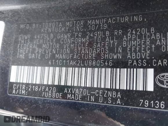 2020 Toyota Camry LE z VIN 4T1C11AK2LU880546, wystawiony jako IAAI lot #43158555 z przebiegiem 276 695 mil mil oraz . Historia ofert i sprzedaży dostępna na DreamBid. Obrazek 9.