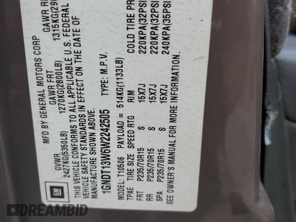 1998 Chevrolet Blazer LS с VIN 1GNDT13W6W2242505, выставлен на аукционе Copart как лот 81724685 с пробегом 144 718 миль миль и Чистый • Clean title. История ставок и продаж доступна на DreamBid. Изображение 13.