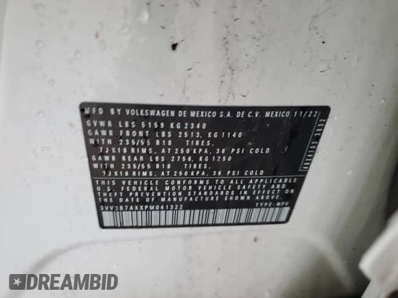 2023 Volkswagen Tiguan SE with VIN 3VV3B7AXXPM041322, listed as a Copart auction lot 81493105 with 155,662 mi miles and Clean title. Bid and sale history available at DreamBid. Image 13.