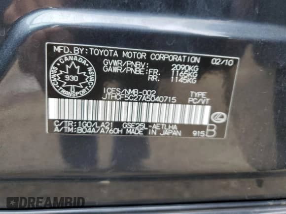 2010 Lexus IS 250 с VIN JTHCF5C27A5040715, выставлен на аукционе Copart как лот 65262185 с пробегом 202 604 миль миль и Списание • Salvage title. История ставок и продаж доступна на DreamBid. Изображение 12.